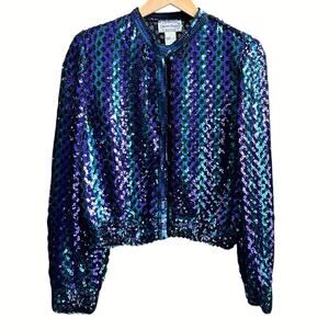 Vintage Three Flags Sequin Jacket Size M Blue Purple Teal Cropped USA Made